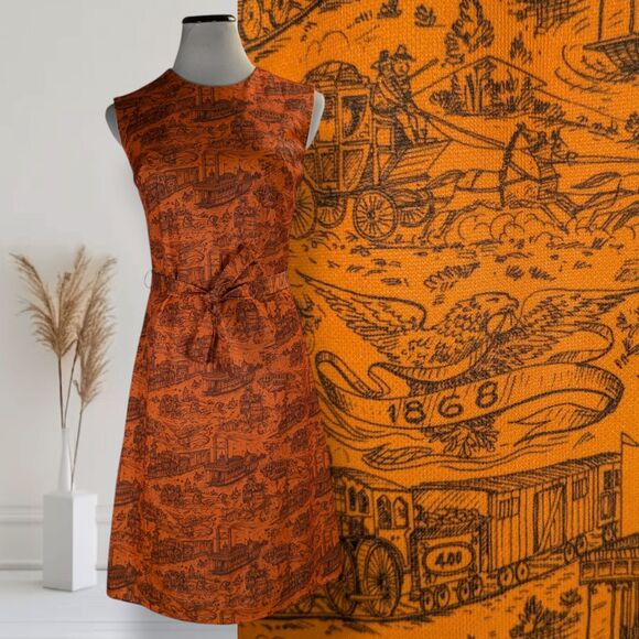 Vintage 60s Mod Belted Shift Dress Size S Orange Americana Print Old West - Picture 1 of 14